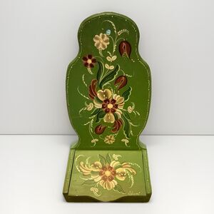 Vintage Handpainted Green Toleware Hanging Decorative Salt Box Flowers Signed